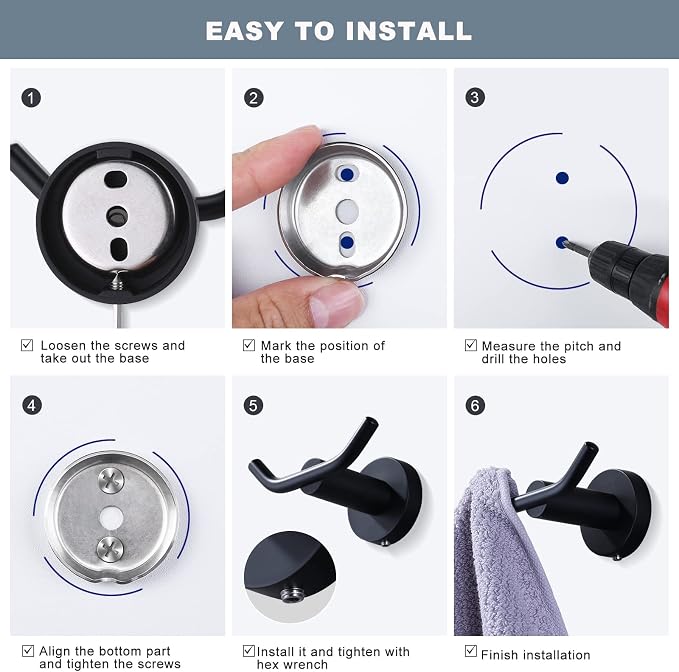 ARCORA Black Towel Hooks, SUS 304 Stainless Steel Wall Hooks, Heavy Duty Robe - Image 7