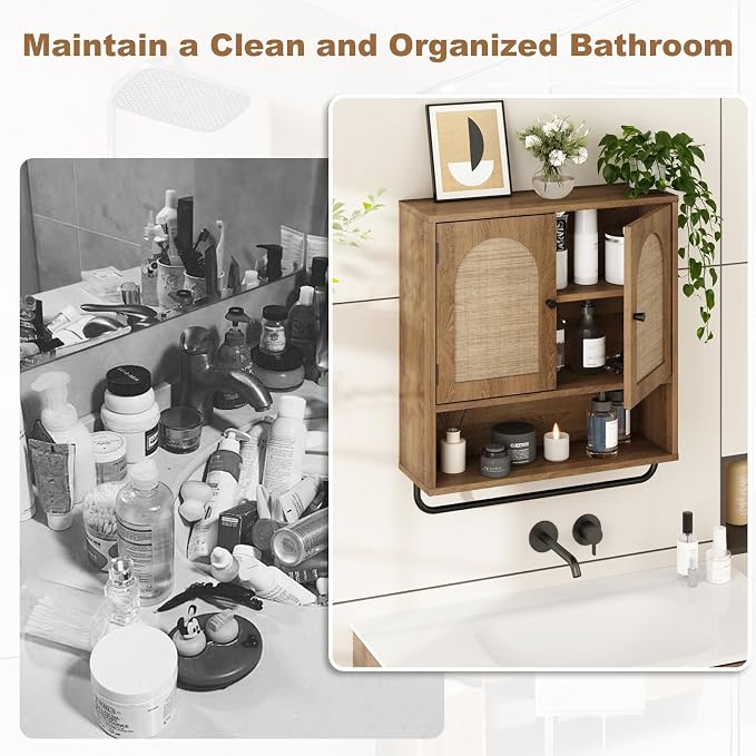 RUSTOWN Rattan Bathroom Wall Cabinet, Boho Medicine Cabinet - Image 6
