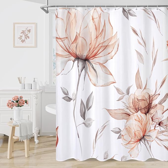 Orange and Grey Boho Watercolor Floral Shower Curtain, Ink Painting Style by Decorateyourhome