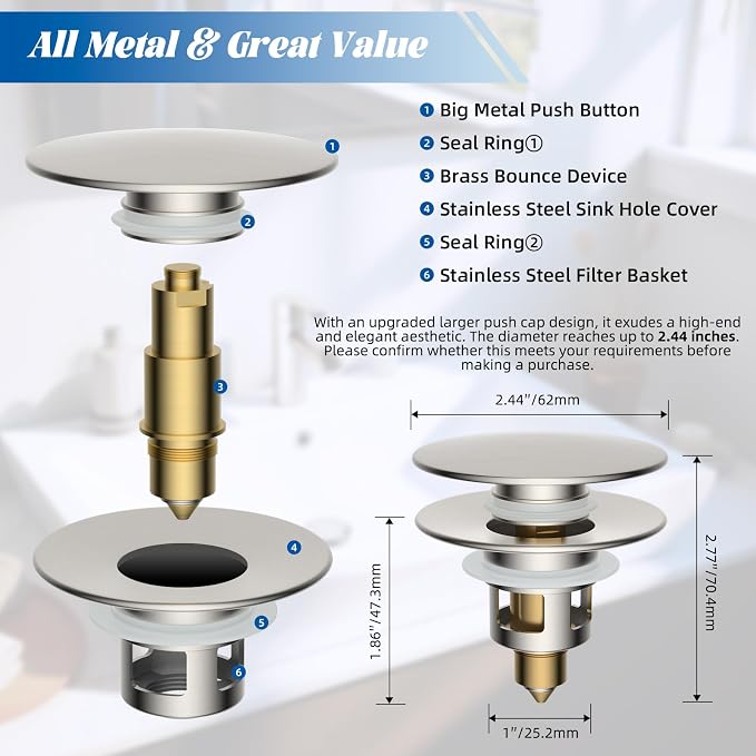 Hibbent All Metal 2 in 1 Bathroom Sink Stopper, Universal Pop Up Drain Strainer - Image 7