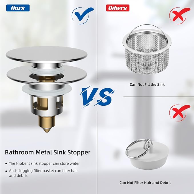 Hibbent 2 Pack All Metal Upgraded Bathroom Sink Stopper, Universal Pop Up Sink - Image 5