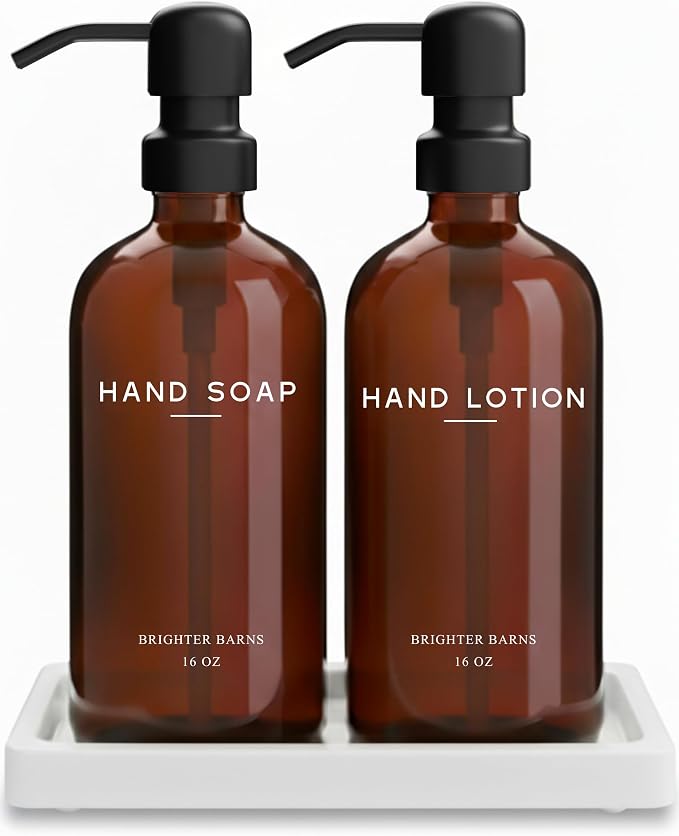 Amber Glass Soap and Lotion Dispenser Set by BrighterBarns