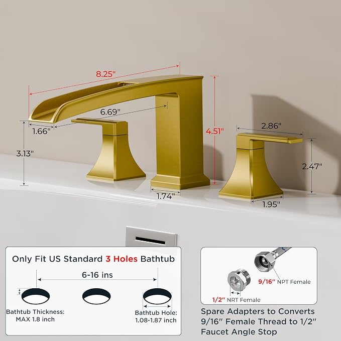 FORIOUS Waterfall Bathtub Faucet Set 3 Hole Brushed Gold, 2 Handle Deck Mount - Image 2