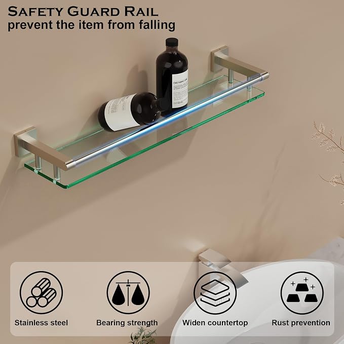 Glass Shelf for Bathroom Wall Sheves 24 inch Rectangular Stainless Steel - Image 6