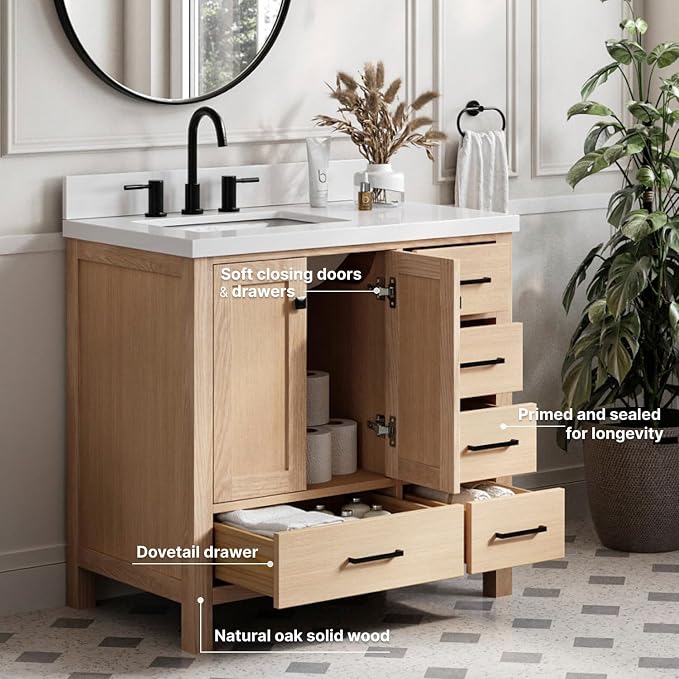 ARIEL Cambridge 37 Inch Oak Bathroom Vanity - Image 5