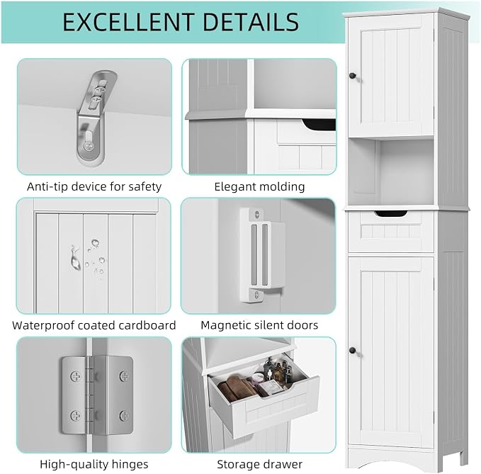 Bealife 67" H Tall Bathroom Storage Cabinet, Tall and Narrow Linen Storage - Image 7