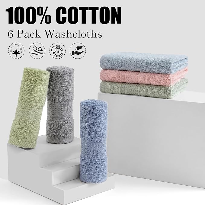 6 Pack 100% Cotton Washcloths Set, Highly Absorbent and Soft Feel Fingertip - Image 2