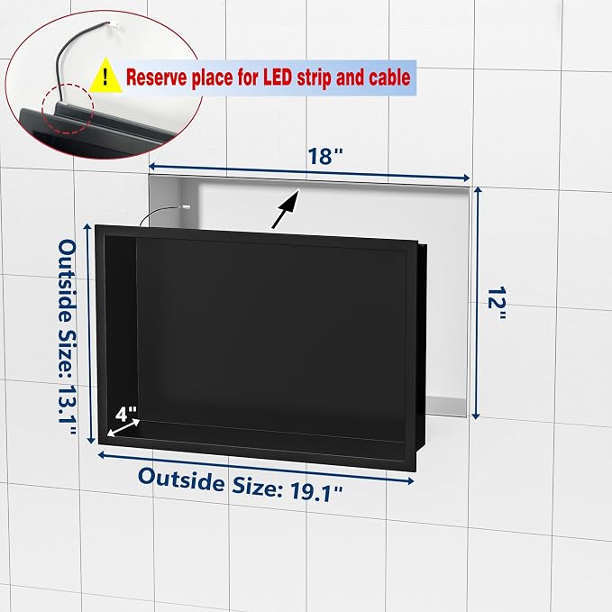 RGB LED Light Shower Niche, Matte Black 18X12 in Stainless Steel Recessed - Image 3