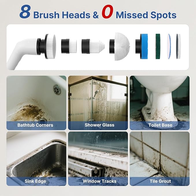 8 in 1 Electric Spin Scrubber for Cleaning Bathroom, 3000mAh Power Scrubber - Image 3
