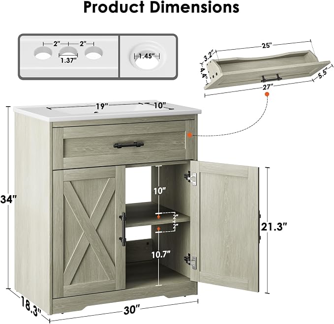 Amada 30″ Bathroom Vanity with Ceramic Sink, Farmhouse Undermount Vanity Sink - Image 2