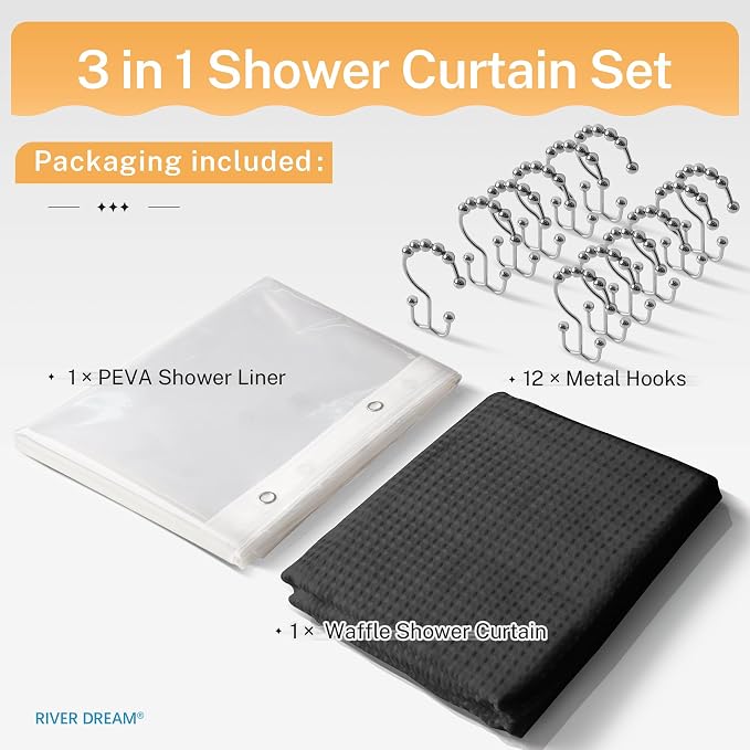 River Dream 3 in 1 Shower Curtain Set, Stall Waffle Fabric Shower Curtain and - Image 6