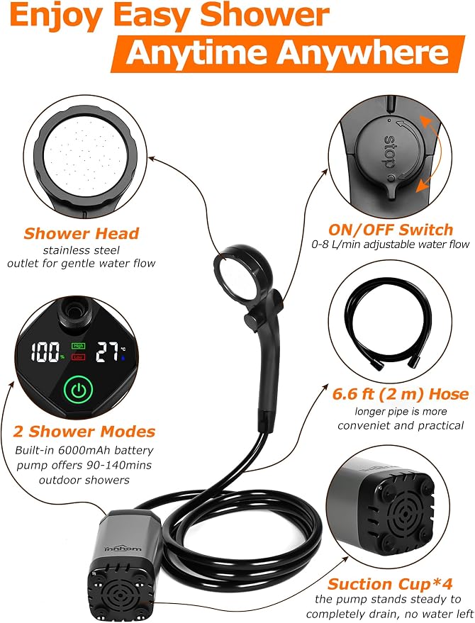innhom Portable Camping Shower, 6000mAh Rechargeable Camp Shower Pump - Image 2