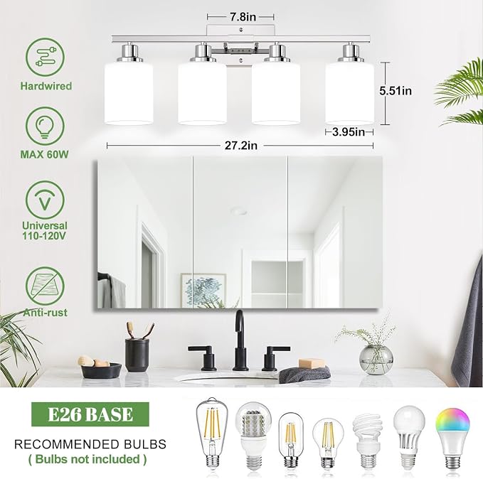 4-Light Vanity Light with Milky White Shades, Chrome Bathroom Lighting Fixtures - Image 6