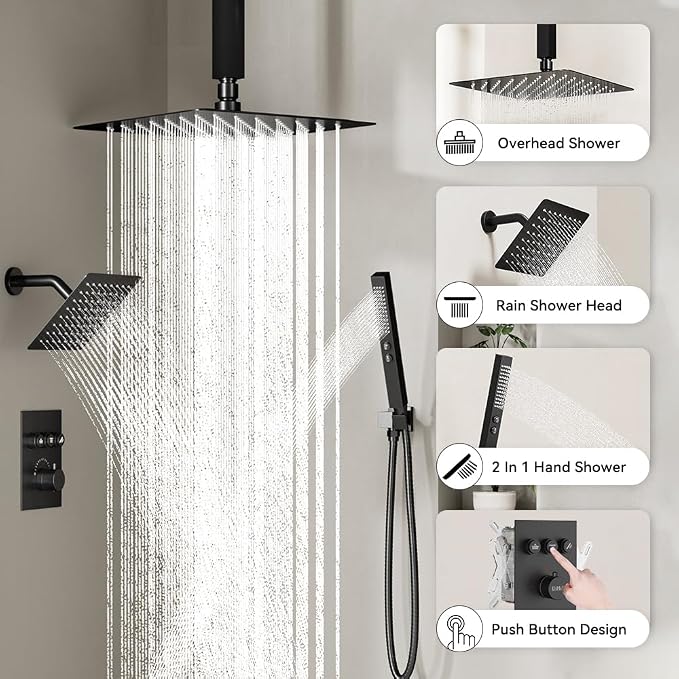 Thermostatic Shower Systems Matte Black Shower Faucets Sets, STARBATH 12+ 8" - Image 3