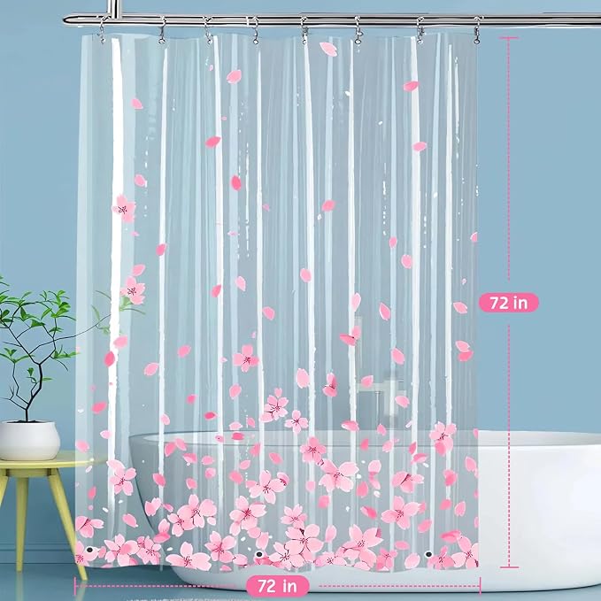 Clear Pink Floral Shower Curtain Liner, Cute Plastic Transparent Cherry Blossom - Image 2
