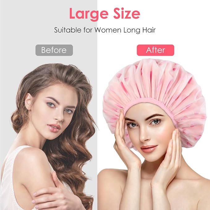 Auban Shower Cap, Shower Cap for Women Terry Cloth Lined EVA Exterior Reusable - Image 4