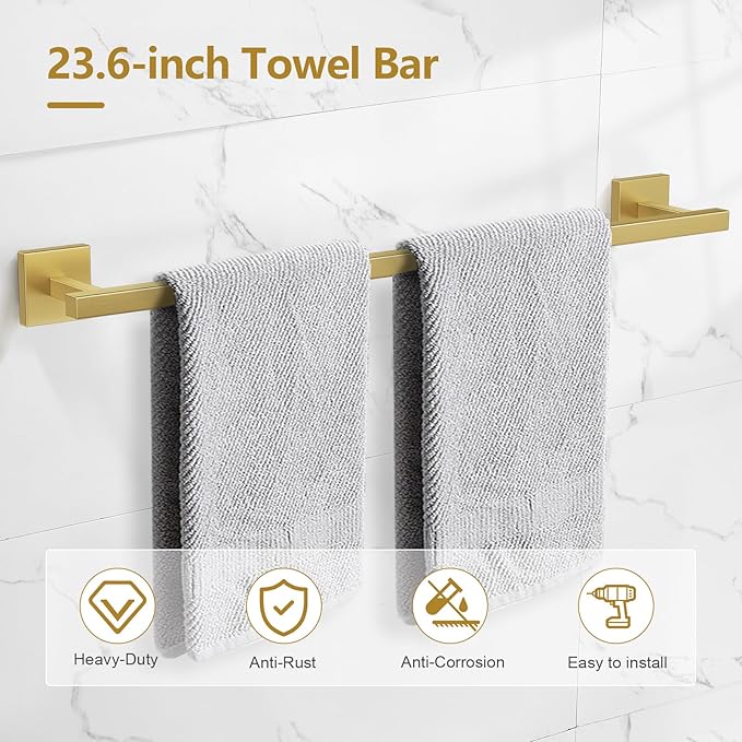 TQKAG 5-Pieces Brushed Gold Bathroom Hardware Accessories Set 23.6" SUS304 - Image 2