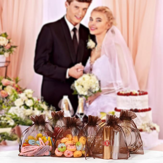 Hopttreely 100PCS Sheer Organza Bags, 4x4.72 Brown Satin Drawstring Organza - Image 6