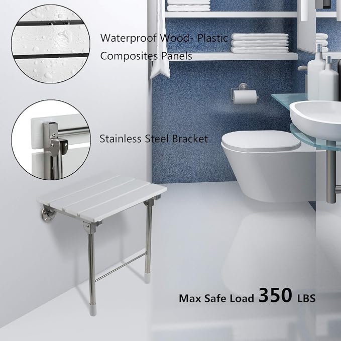 Folding Shower Seat Wall Mounted Bathroom Bathtub Safety Stool Chair, Solid Wood - Image 4