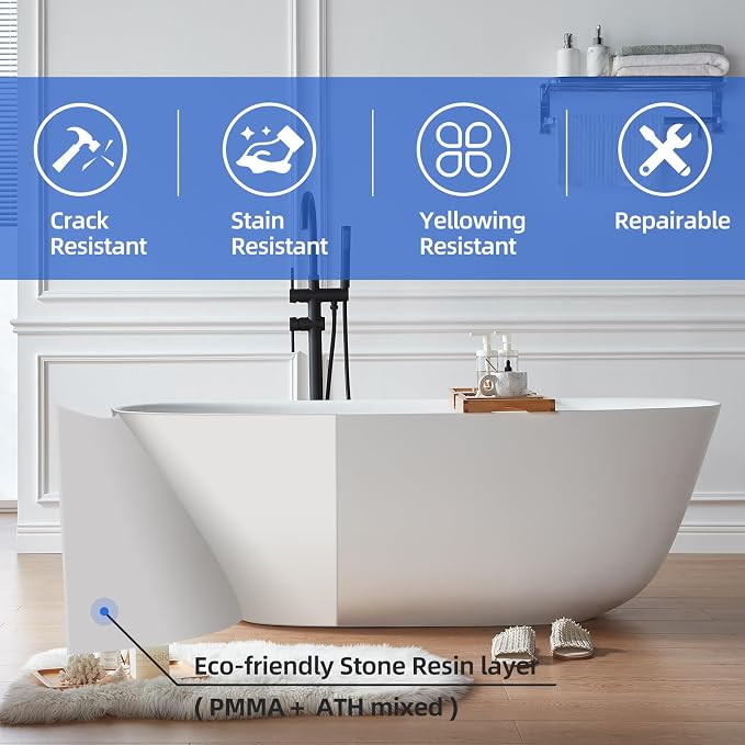 Cpingao Stone Resin Solid Surface Freestanding Bathtub, Modern Elegant Design - Image 7