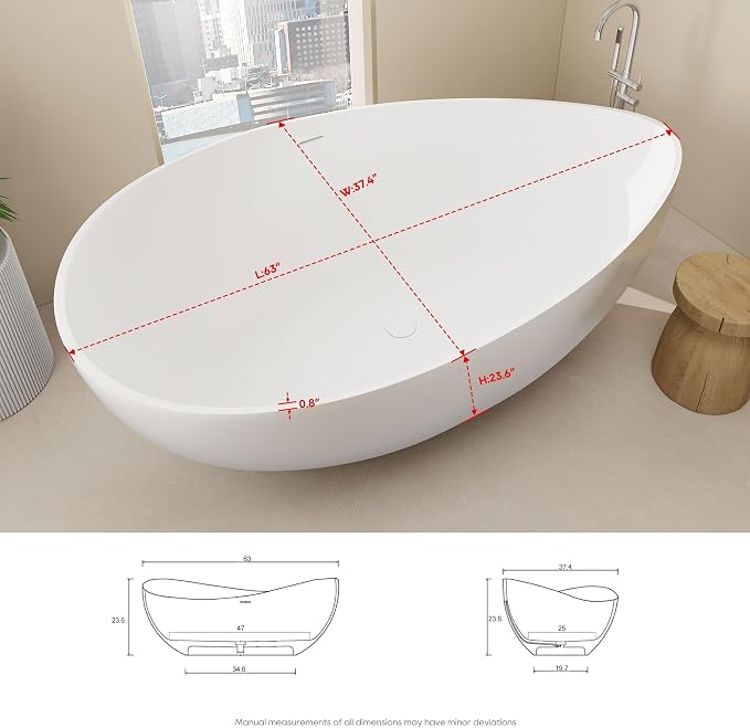 SJ STAR&JANE 63" x 38" Solid Surface Freestanding Bathtub, Oval Soaking Tub - Image 2