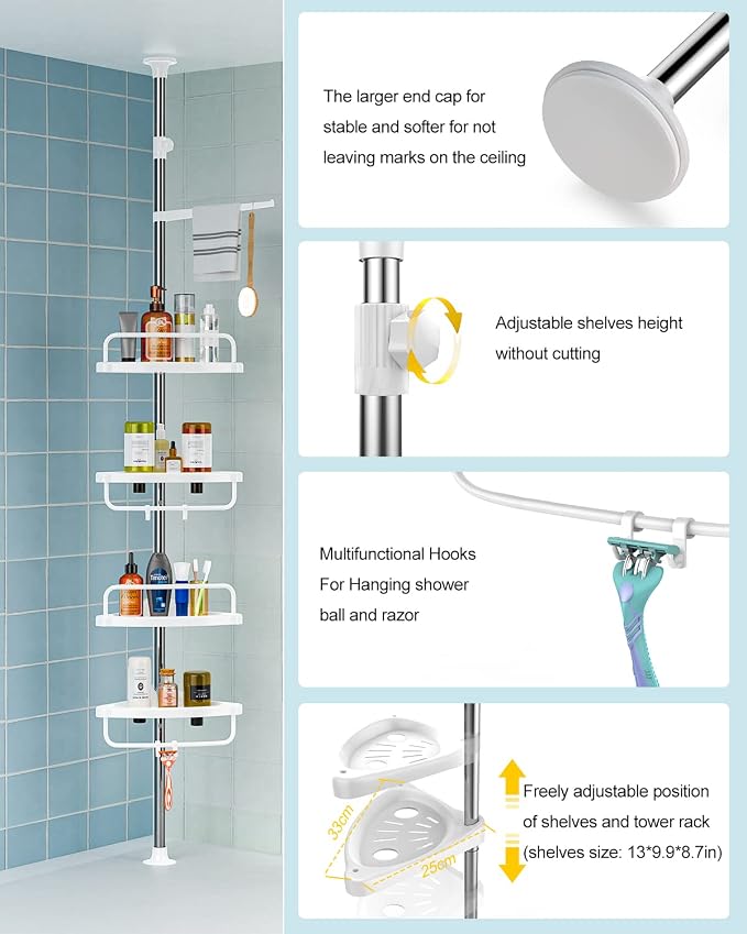 ADOVEL 4 Layer Corner Shower Caddy, Stainless Steel Constant Tension Pole - Image 5