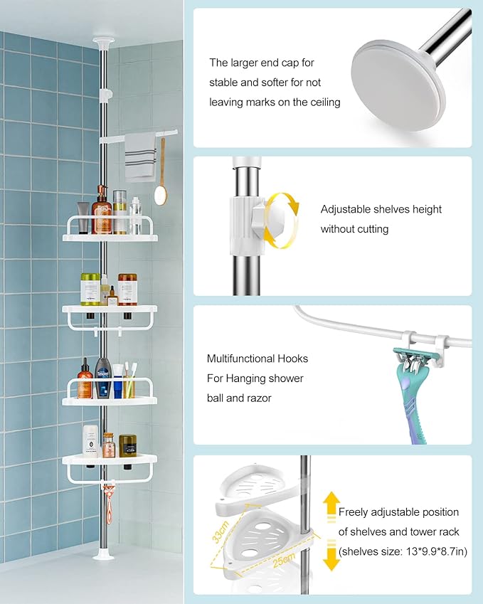 4 Layer Corner Shower Caddy, Stainless Steel ​Constant Tension Pole Shower - Image 5