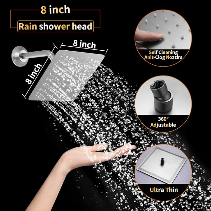AYIVG Square 304 Stainless Steel 8 Inch Wall Mount Rain Shower head - Image 2