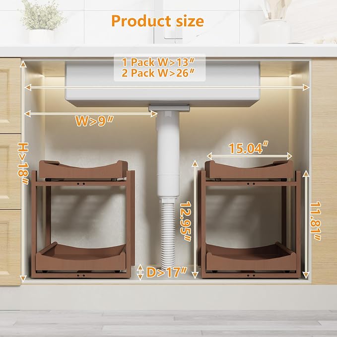 Bamboo Under Sink Organizer Adjustable Height 2 Tier Bathroom Organizer Pull - Image 2