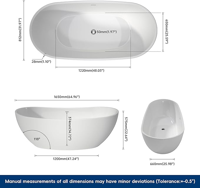 65" Acrylic Freestanding Bathtubs, Stand Alone Tub, Soaking Tubs - Image 4