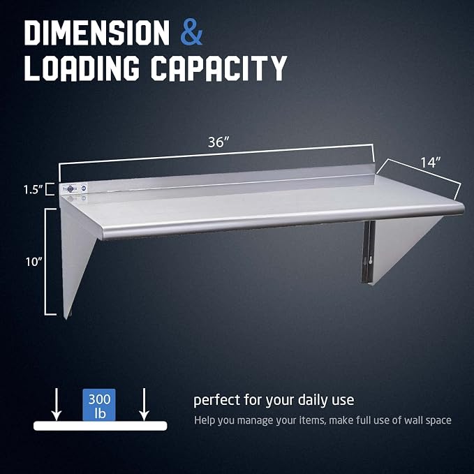Profeeshaw NSF Stainless Steel Shelf 14” x 36”, 300 lb Commercial Shelves Wall - Image 3