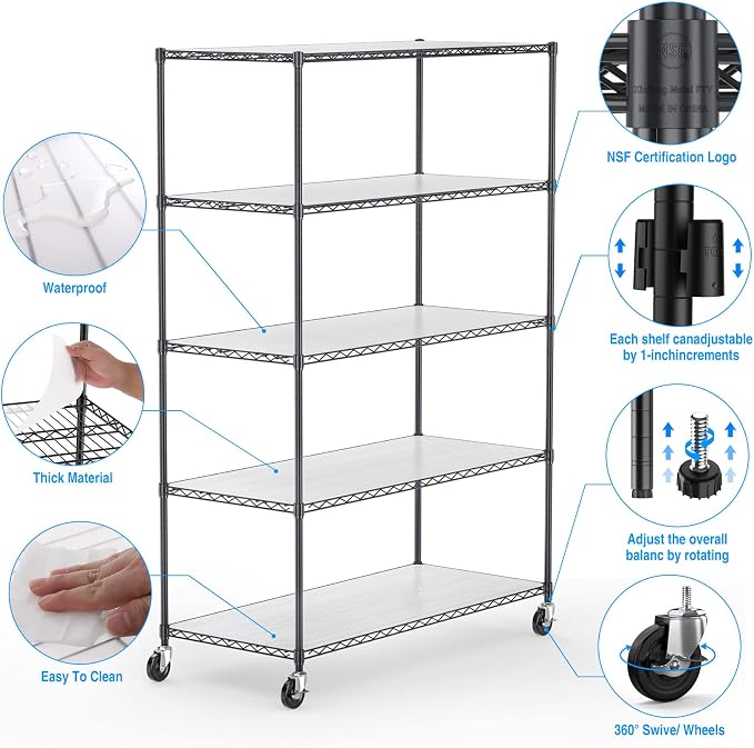Wire Shelving Unit 5 Tier NSF Metal Shelf, 6000lbs Capacity Heavy Duty - Image 4