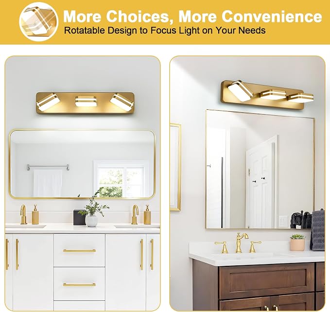 360° Rotate LED Dimmable Bathroom Vanity Light Fixtures, 1300LM Acrylic Gold - Image 7