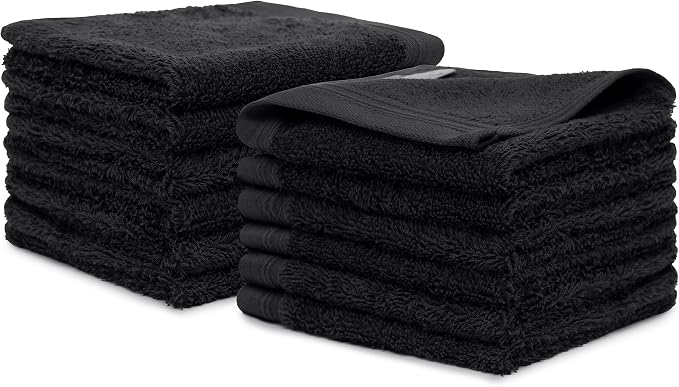 100% Cotton Washcloths Set 13” x 13” | Black Towels | Set of 12 Ultra Soft and by Weidemans