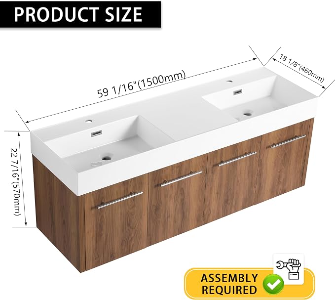 60 Inch Bathroom Vanity with Double White Resin Sink, Plywood Base, Scratch & - Image 2