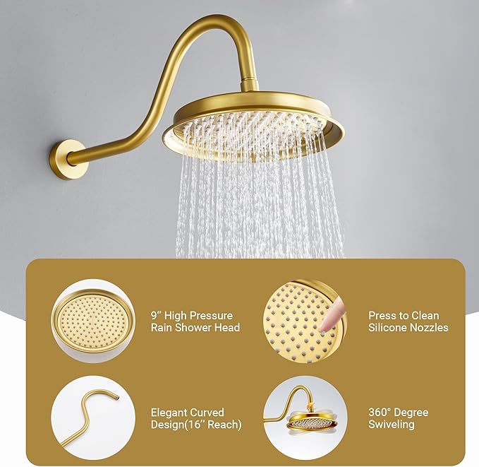 DASAN Brushed Gold Rain Shower System Complete Antique Shower Faucet Sets - Image 4