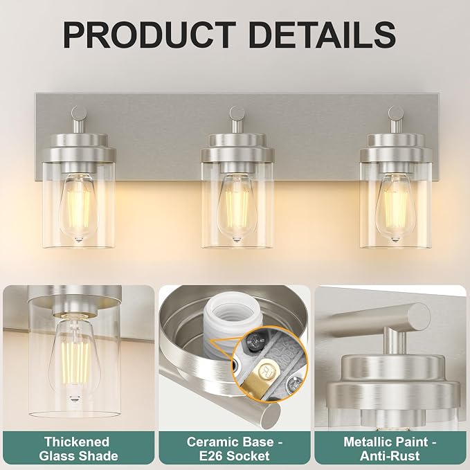 IZORRO Bathroom Vanity Light Fixture, 3-Light 22 Inch Brushed Nickel Bathroom - Image 3