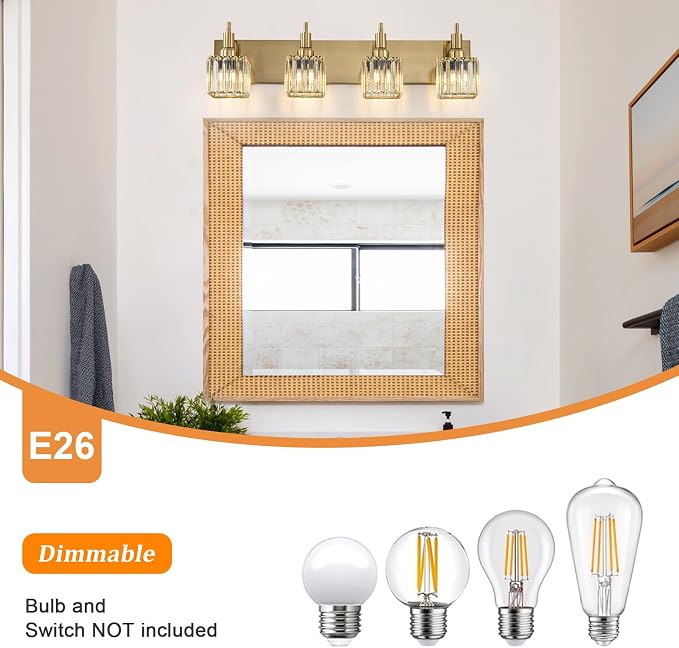 Gold Bathroom Light Fixtures, 4-Lights Crystal Bathroom Vanity Light Over - Image 5