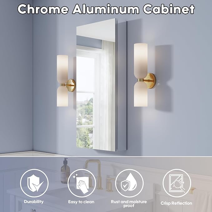 WELLFOR 16" x 36" Bathroom Medicine Cabinet, Anodized Chrome Aluminum Frame - Image 3