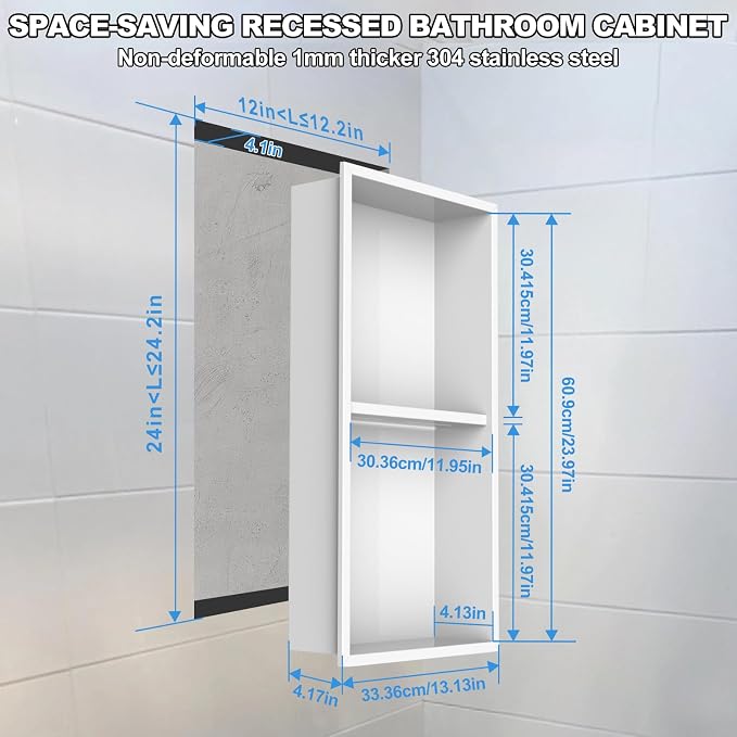 304 Stainless Steel Shower Niche Insert-Glossy White 24 x 12" No Tile Needed - Image 2
