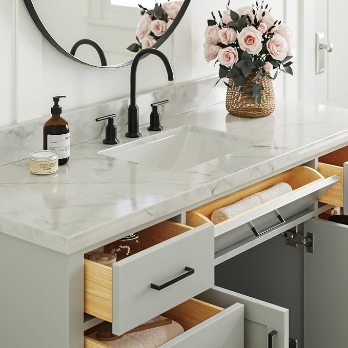 ARIEL 61" Grey Bathroom Vanity, 1.5" Edge Italian Carrara Marble Countertop & - Image 4
