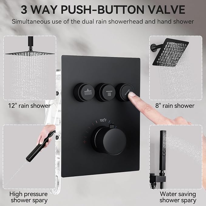 Thermostatic Shower Systems Matte Black Shower Faucets Sets, STARBATH 12+ 8" - Image 9