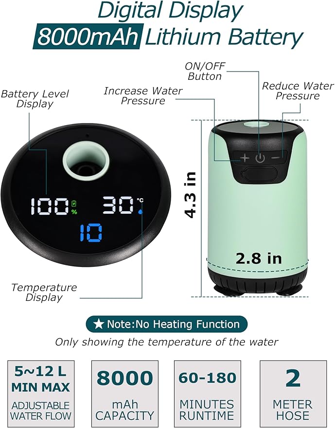 innhom Portable Camping Shower, 6000mAh Rechargeable Camp Shower Pump - Image 3