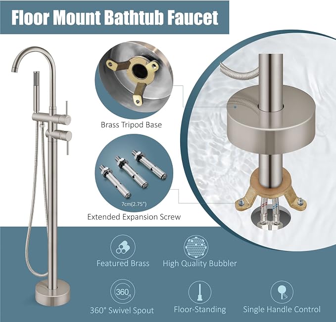 Aolemi Floor Mount Bathtub Faucet Freestanding Tub Filler Standing High Flow - Image 6