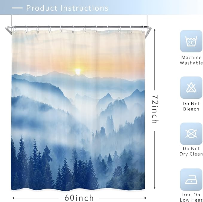 Riyidecor Misty Mountain Shower Curtain 60Wx72H Inch Blue Spring Scenery - Image 5