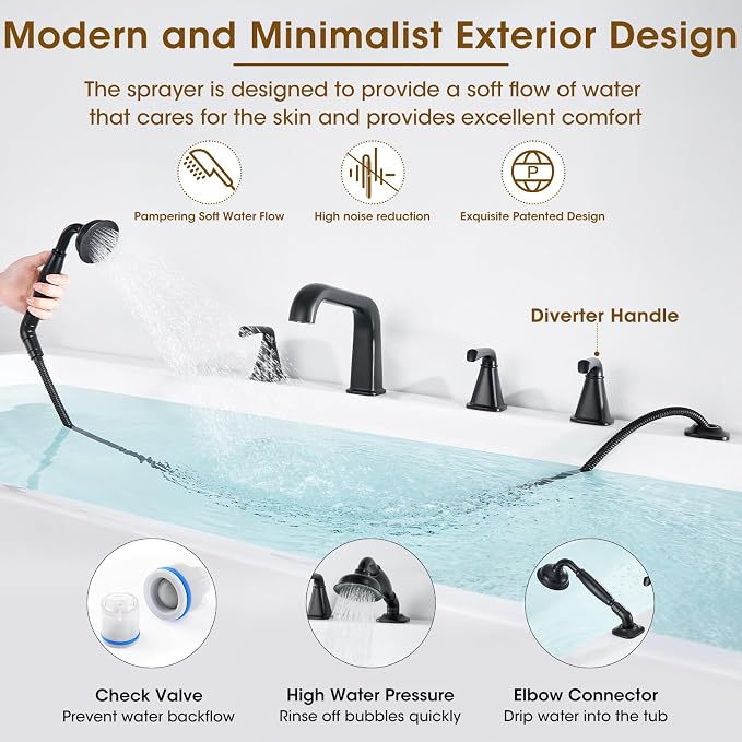 Roman Tub Faucet with Sprayer, Garden Tub Faucet with Valve, Brass 5 Hole 3 - Image 4