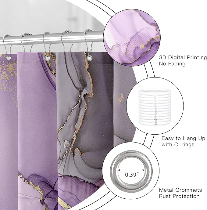 Purple Marble Shower Curtain, Modern Abstract Fabric Shower Curtains - Image 5