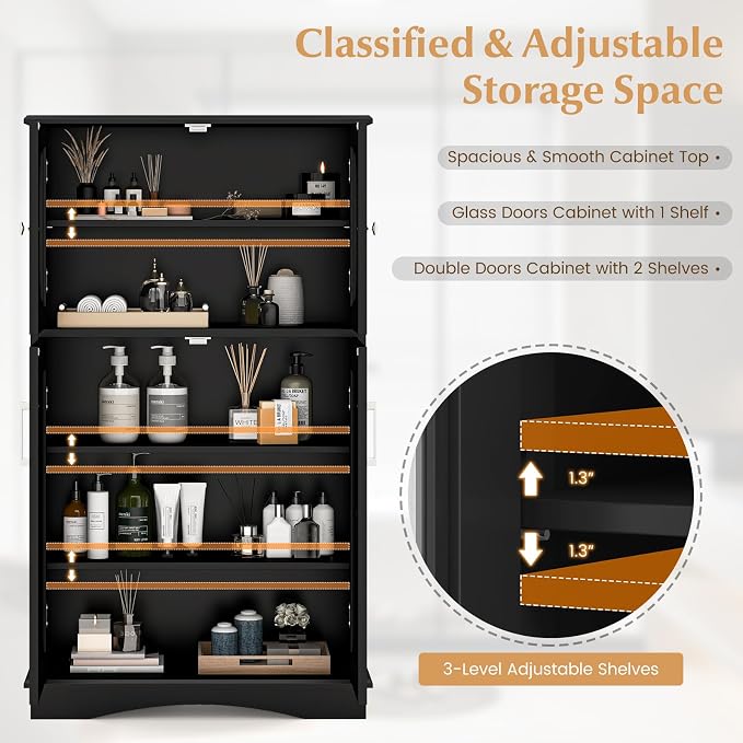 Tangkula Freestanding Floor Cabinet w/2 Glass Doors, 3-Level Adjustable Shelves - Image 5