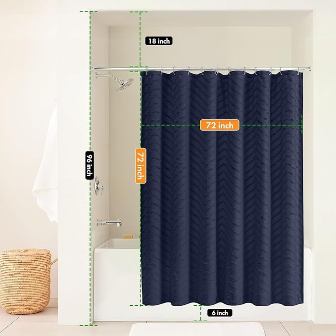 Navy Blue Fabric Shower Curtain Boho Tufted Chevron Striped Textured Cloth - Image 7