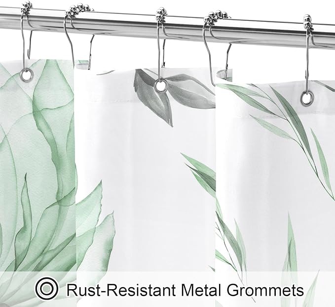 Green and Grey Boho Watercolor Floral Shower Curtain, Ink Painting Style - Image 4